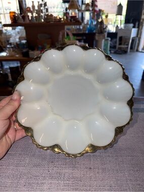 Vintage Anchor Hocking white milk glass Deviled Egg platter with Gold trim